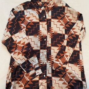 Aztec Print Pearl Snap Button-Up Silk in Brown, Black & Cream